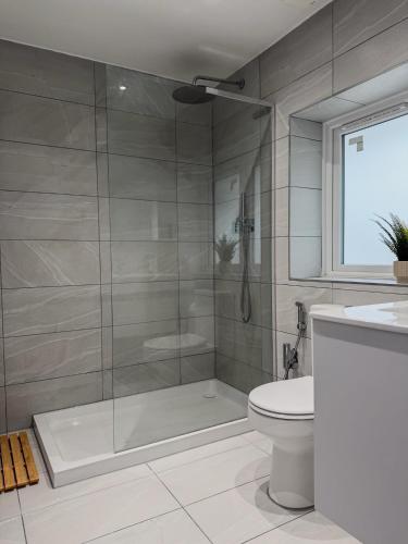 a bathroom with a shower and a toilet and a sink at Middleton Mews- 3BR- Wollaton Park-Hospital & Uni in Nottingham