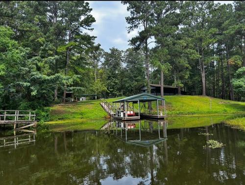 a small boat in the middle of a lake at Angler's Dream Stay! in Hemphill