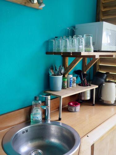 a sink in a kitchen with a blue wall at Studio au soleil, plage privée in Grand-Bourg