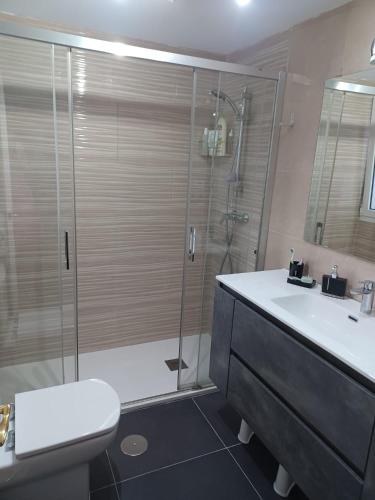 a bathroom with a shower and a sink and a toilet at Room next to Gibraltar in La Línea de la Concepción