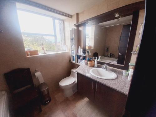 a bathroom with a sink and a toilet and a window at Casa De la Cruz in Quito