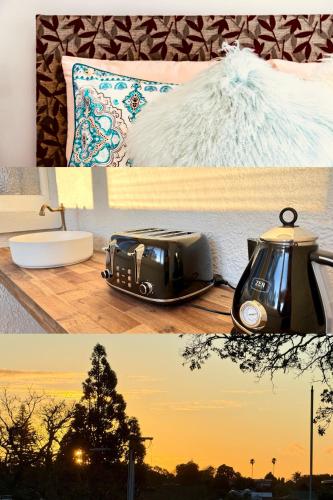 a collage of two pictures of a toaster and a bed at Central Spot Elegant Home Fresh Features in Auckland