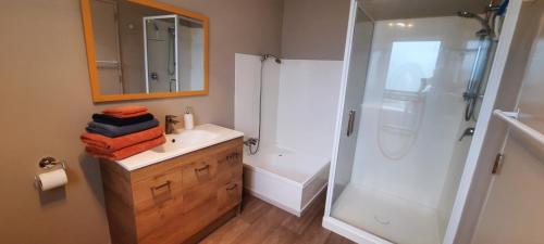 a bathroom with a shower and a sink and a mirror at Ohope Lifestyles in Ohope Beach