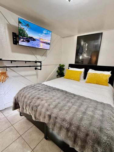 ein Schlafzimmer mit einem Bett und einem Fernseher an der Wand in der Unterkunft Las Casita-Cozy Apartment near Airport, Downtown, UTEP, Fort Bliss in El Paso
