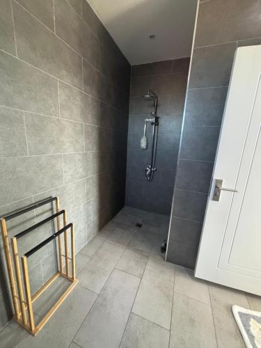 a bathroom with a shower with a mirror and a shower at 3 BD Luxury Beachfront Penthouse in Flic-en-Flac