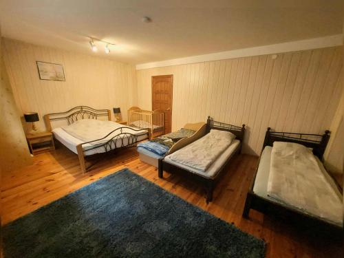 ein Wohnzimmer mit 2 Betten und einem Teppich in der Unterkunft Aido ir Jovitos sodyba Jorunas in Kernavė