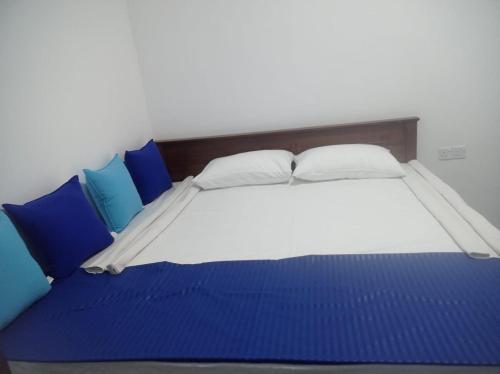 Una cama grande con almohadas azules y blancas. en Casa Tranquila, en Talalla South