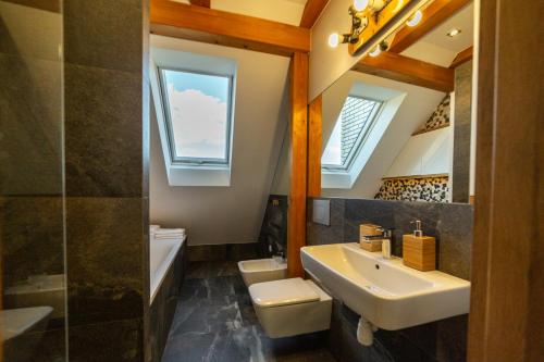 Un baño con lavabo, inodoro y espejo. en SURF STYLE APARTAMENT, en Muszyna