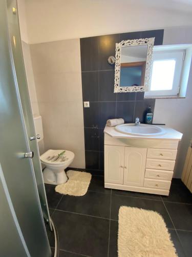 een badkamer met een wastafel, een toilet en een spiegel bij Hostel Mornar in Velika Kladuša