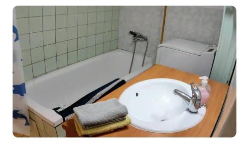 a bathroom with a sink and a toilet and a tub at Domeček v Týně pod Helfštýnem in Týn nad Bečvou