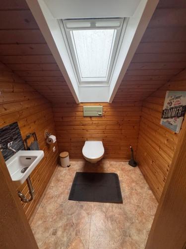 y baño con aseo, lavabo y tragaluz. en Ferien/Monteur Wohnung Gapp, en Bad Waldsee