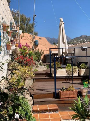eine Terrasse mit Sonnenschirm und einigen Topfpflanzen in der Unterkunft La Casita in Torrox