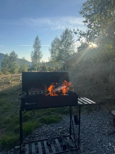 a barbecue grill with a fire in a field at Sky Space Slavske Котеджі в горах з теплим басейном in Slavske