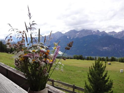 a vase of flowers sitting on a fence with mountains at Kristemoarhütte in Gaimberg