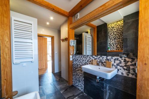 un baño con lavabo y espejo en HARLEY STYLE APARTAMENT, en Muszyna