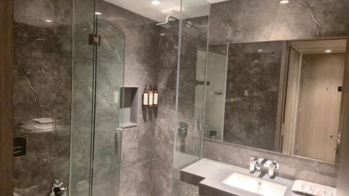 a bathroom with a shower and a sink and a mirror at La Casa De Rann in Bhuj