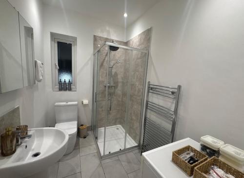 a bathroom with a shower and a toilet and a sink at Bright & Stylish 3-Bedroom Flat in Ipswich