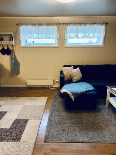 a living room with a blue couch and a rug at Stranda Apartment in Senja