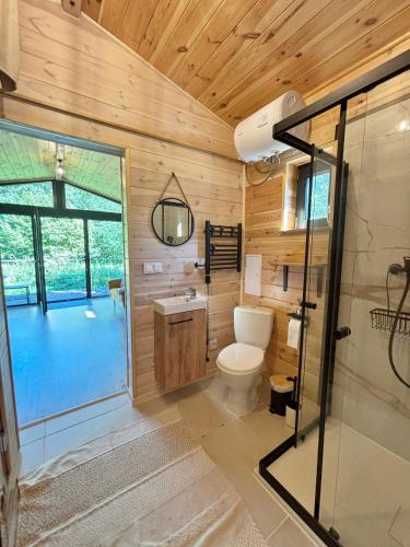 a bathroom with a toilet and a glass shower at Le Petitou in Všeruby