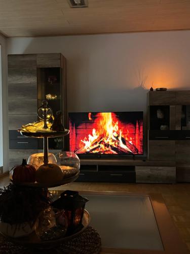 a living room with a fire in a fireplace at Apartment Salvete in Sulzbach-Rosenberg