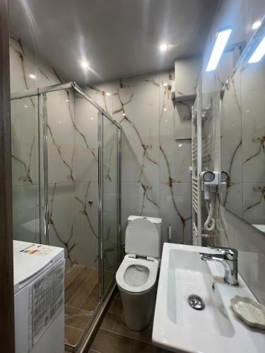 Un baño con inodoro, ducha y lavabo. en Skylan Studio, en Larisa