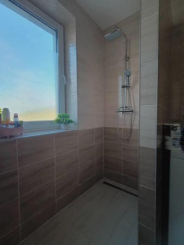 a bathroom with a shower with a large window at Apartmány Starý Blich in Bardejov