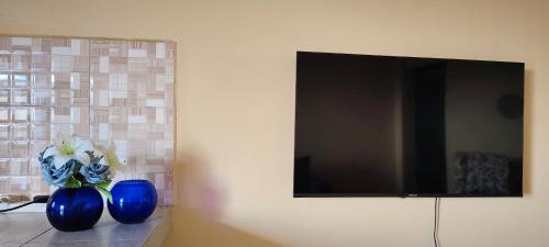 two blue vases sitting on a shelf next to a tv at Nyota Haven Stays in Libwezi