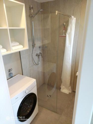 a bathroom with a shower and a washing machine at Apartment Emma in Sandkrug in Hatten