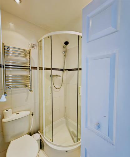 a bathroom with a shower and a toilet at The Coach House in Otterburn