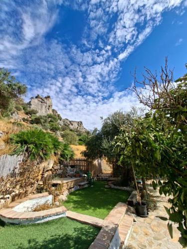 a garden with green grass and a blue sky at Casa Cerca del cielo in El Chorro