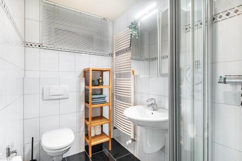 a bathroom with a sink and a toilet and a shower at Ferienwohnung Kraus 