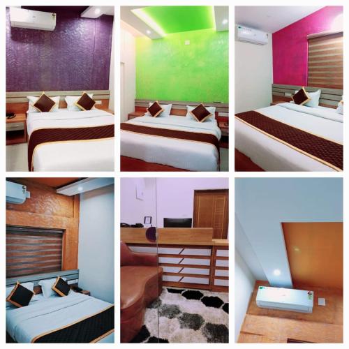 a collage of four pictures of a hotel room at Radission in Padinjarathara