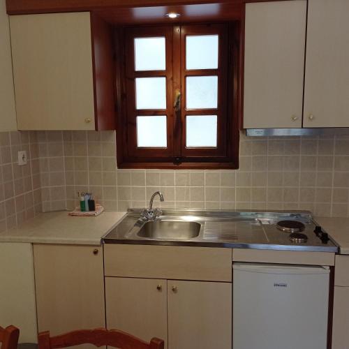 a kitchen with a sink and a window at Alexandros Studios in Kalamaki