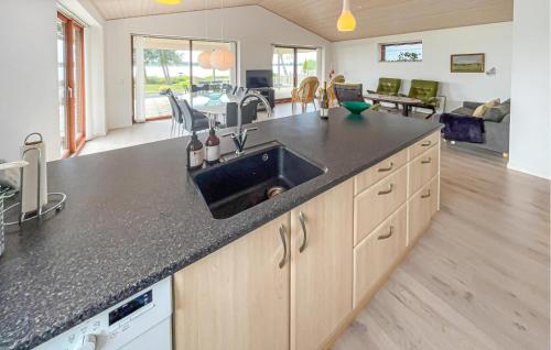 Una cocina con fregadero y una sala de estar. en Lovely Home In Sunds With House Sea View, en Sunds