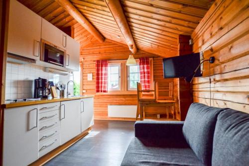 a kitchen with a couch in a wooden house at First Camp Haganäset - Charlottenberg in Åmotsfors