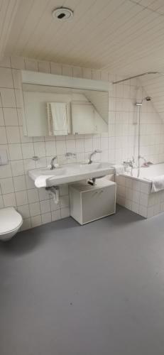 Baño blanco con 2 lavabos y aseo en Apartment on 2 floors, en Stäfa