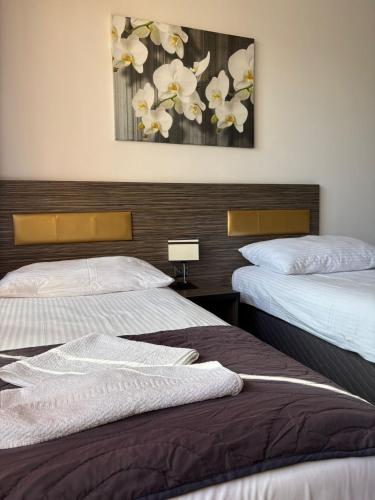 a bedroom with two beds and a painting on the wall at Hotel Montenegro in Bruntál