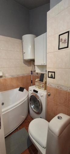 a bathroom with a toilet and a washing machine at IVA Apartman in Belgrade