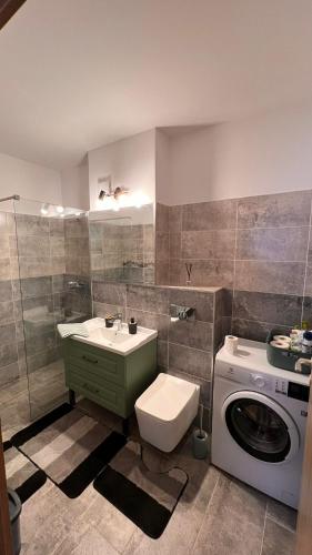 a bathroom with a sink and a washing machine at Timeless Comfort in Sfântu-Gheorghe