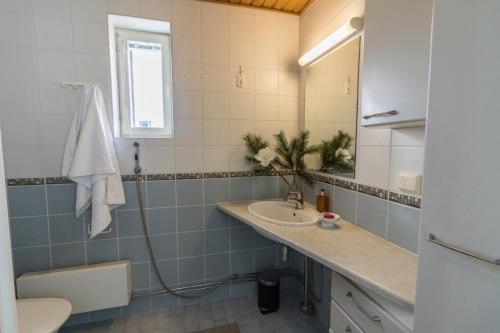 a bathroom with a sink and a toilet and a mirror at Big river view city apartment in Rovaniemi