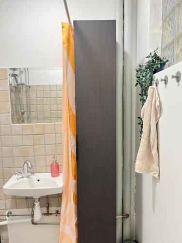Un baño con cortina de ducha y lavabo. en Convenient apartment - close to everything, en Odense