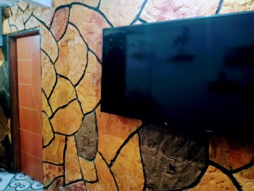 a tv on a wall with a mosaic wall at Perto da vila cop30 in Belém
