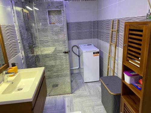 a bathroom with a shower and a sink and a refrigerator at Le belair in Le Diamant