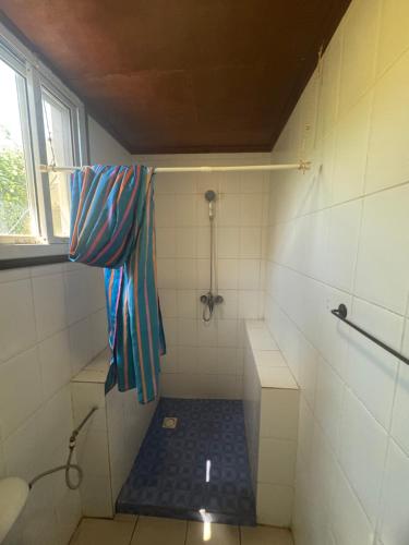 a shower with a blue mat in a bathroom at Patta Patta Guest House in Serekunda