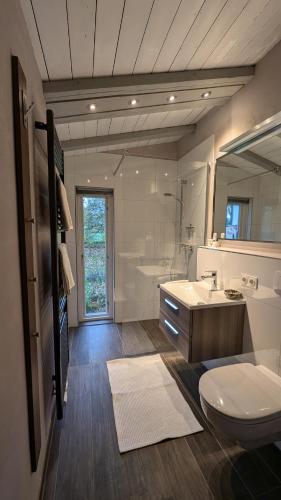 a bathroom with a toilet and a sink and a mirror at Ferienhaus mit großer Terasse in Kellenhusen
