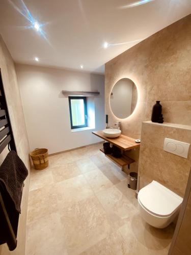 a bathroom with a toilet and a sink and a mirror at Appartement Fiorentina in Saint-Avold