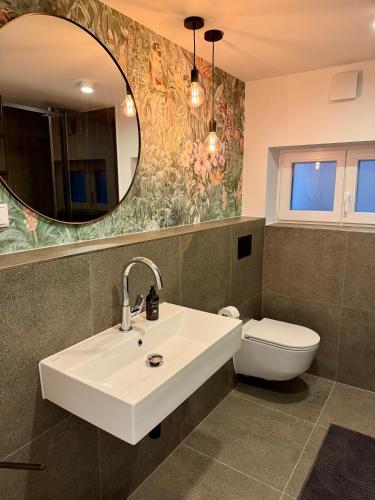 a bathroom with a sink and a toilet and a mirror at Zentrales Studio-Appartment mit Terrasse in Hildesheim