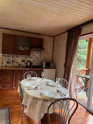 eine Küche mit einem Tisch mit Stühlen und einem Tisch in der Unterkunft Апартаменти Лісова тиша in Synewyrska Poljana