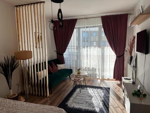 - une chambre avec un canapé et une table en face d'une fenêtre dans l'établissement Focsani Studio Residence, à Focşani