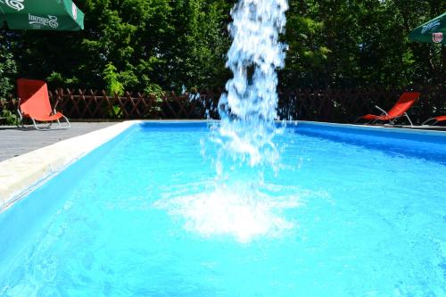 a fountain in the middle of a swimming pool at Ezüstfenyő Hotel in Telkibánya